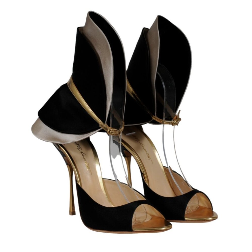 Alberto Moretti Womens Sandals EU 39 US 9 Open Toe Black Silver Gold Heels